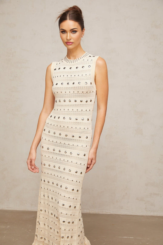 Artemide Neutrals Crochet Knit Maxi Dress with Stud Embellishments