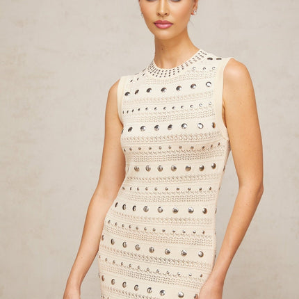 Artemide Neutrals Crochet Knit Maxi Dress with Stud Embellishments