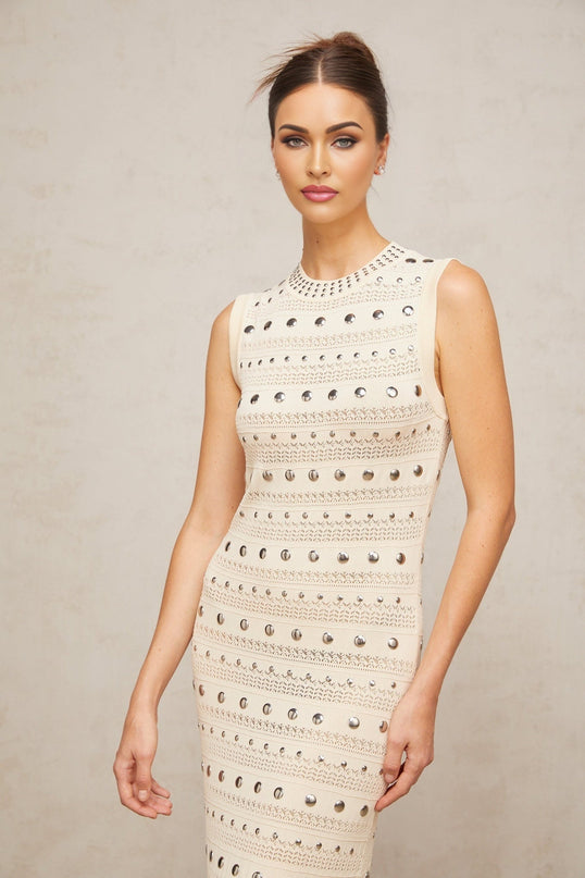 Artemide Neutrals Crochet Knit Maxi Dress with Stud Embellishments