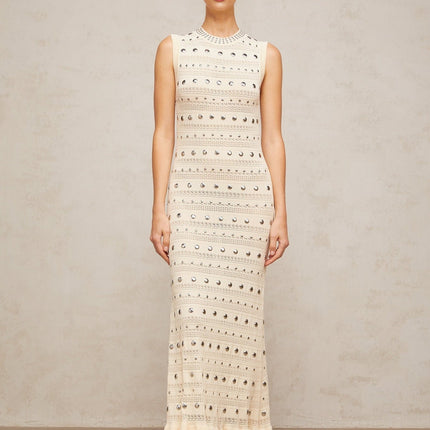 Artemide Neutrals Crochet Knit Maxi Dress with Stud Embellishments