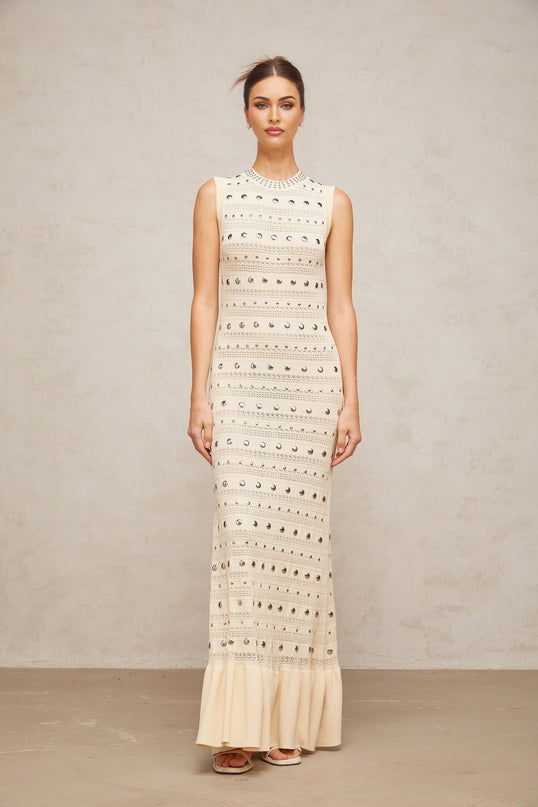 Artemide Neutrals Crochet Knit Maxi Dress with Stud Embellishments