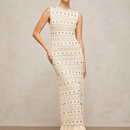 Artemide Neutrals Crochet Knit Maxi Dress with Stud Embellishments