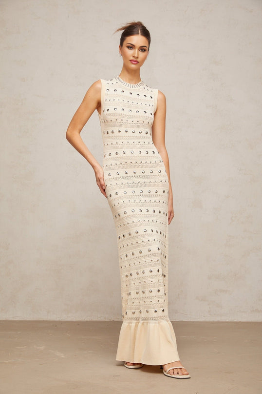 Artemide Neutrals Crochet Knit Maxi Dress with Stud Embellishments