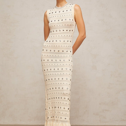 Artemide Neutrals Crochet Knit Maxi Dress with Stud Embellishments