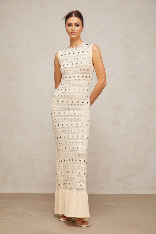 Artemide Neutrals Crochet Knit Maxi Dress with Stud Embellishments