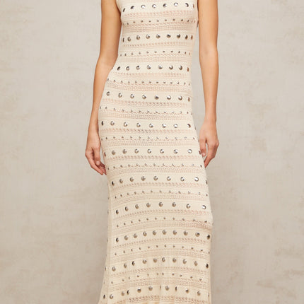 Artemide Neutrals Crochet Knit Stud Embellished Maxi Dress