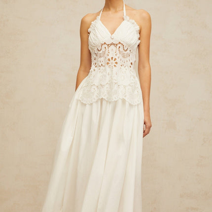 Artemide White Halterneck Maxi Dress with Floral Embroidery and Cut-Out Detailing