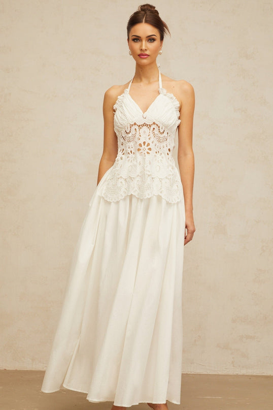 Artemide White Halterneck Maxi Dress with Floral Embroidery and Cut-Out Detailing