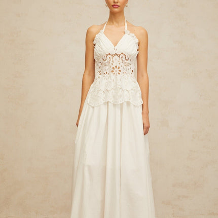 Artemide White Halterneck Maxi Dress with Floral Embroidery and Cut-Out Detailing