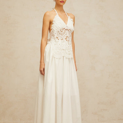 Artemide White Halterneck Maxi Dress with Floral Embroidery and Cut-Out Detailing