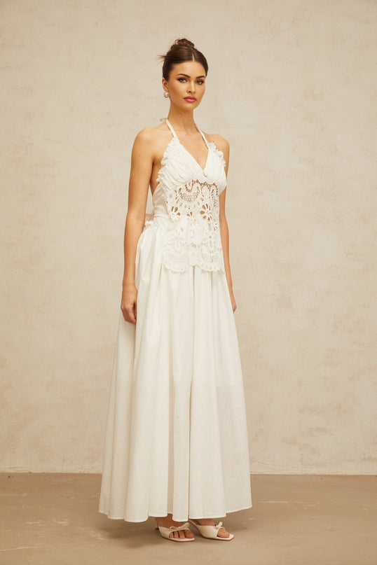 Artemide White Halterneck Maxi Dress with Floral Embroidery and Cut-Out Detailing