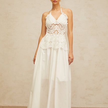 Artemide White Halterneck Maxi Dress with Floral Embroidery and Cut-Out Detailing