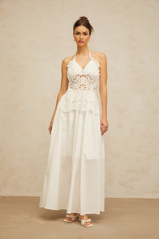 Artemide White Halterneck Maxi Dress with Floral Embroidery and Cut-Out Detailing