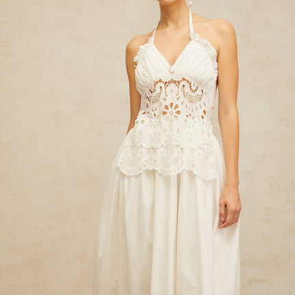 Artemide White Halterneck Maxi Dress with Floral Embroidery and Cut-Out Detailing