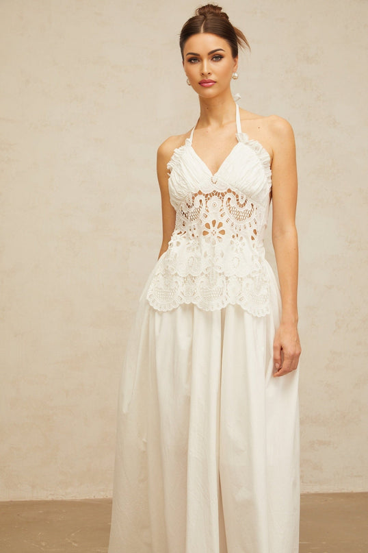 Artemide White Halterneck Maxi Dress with Floral Embroidery and Cut-Out Detailing
