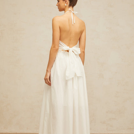 Artemide White Halterneck Maxi Dress with Floral Embroidery and Cut-Out Detailing