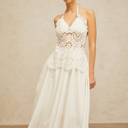 Artemide White Halterneck Maxi Dress with Floral Embroidery and Cut-Out Detailing