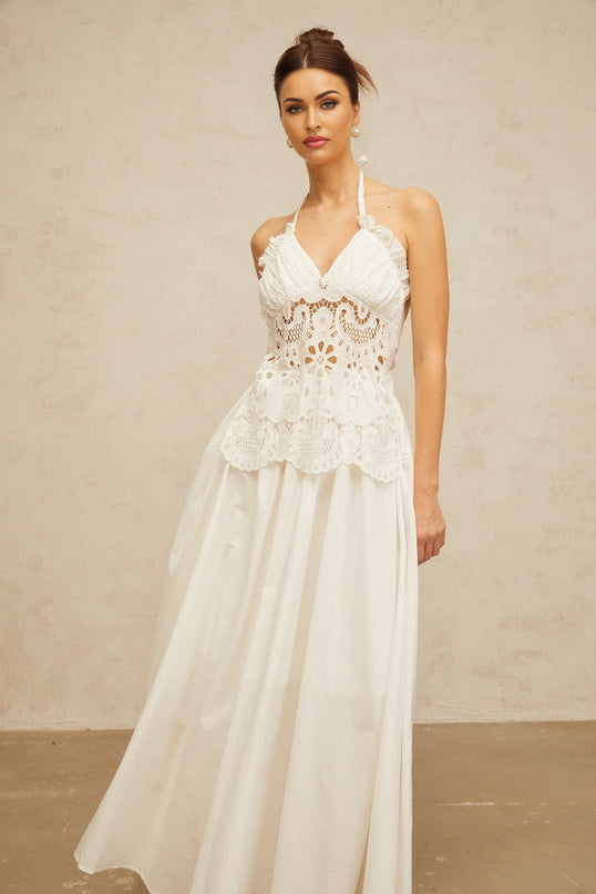 Artemide White Halterneck Maxi Dress with Floral Embroidery and Cut-Out Detailing