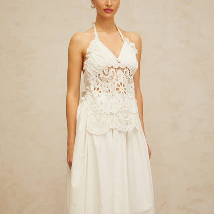 Artemide White Halterneck Maxi Dress with Floral Embroidery and Cut-Out Detailing