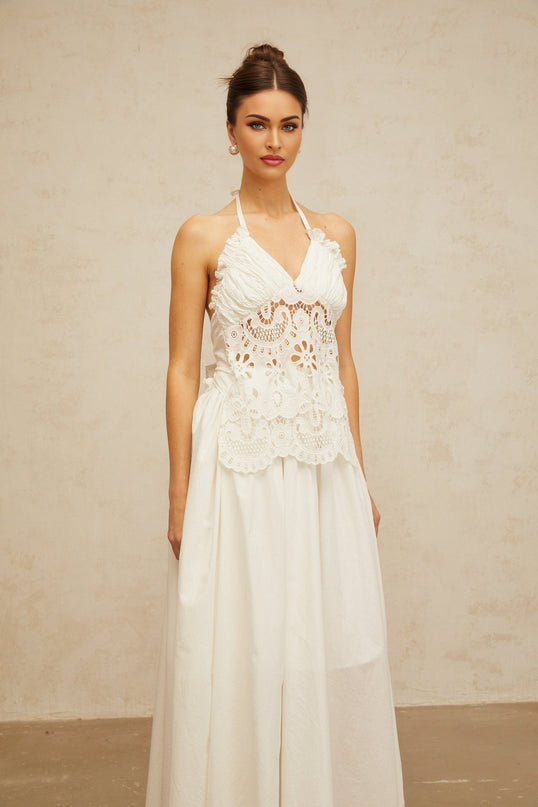 Artemide White Halterneck Maxi Dress with Floral Embroidery and Cut-Out Detailing