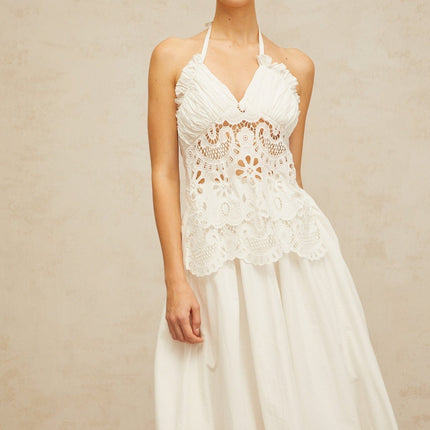 Artemide White Halterneck Maxi Dress with Floral Embroidery and Cut-Out Detailing