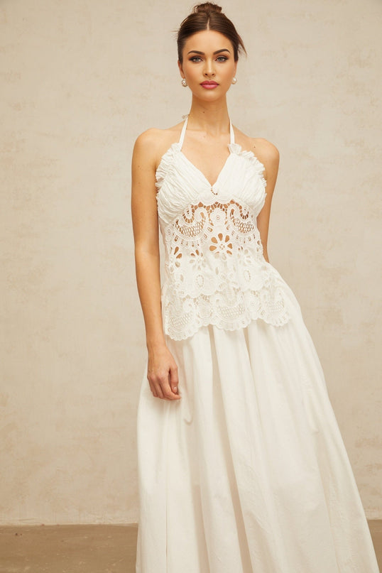 Artemide White Halterneck Maxi Dress with Floral Embroidery and Cut-Out Detailing