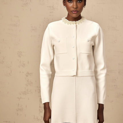 Artemide White Knitted Cardigan with Faux Pearl Embellishments Model 5'10 Size M