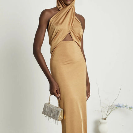 Artemisia Brown Maxi Dress with Hood and Open Back