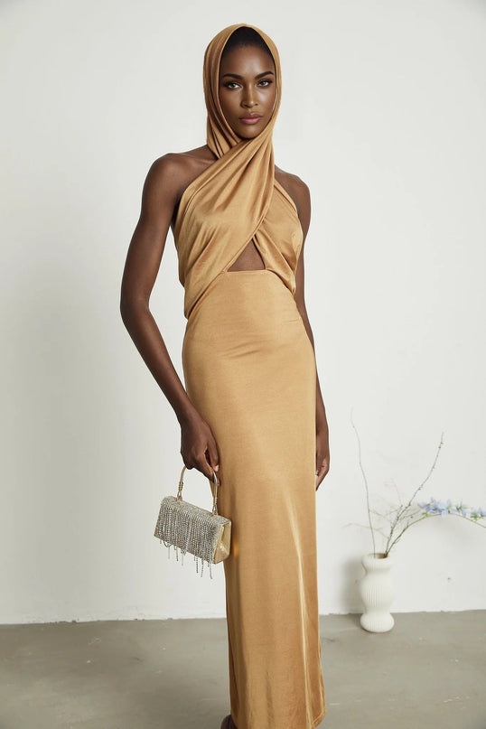 Artemisia Brown Maxi Dress with Hood and Open Back