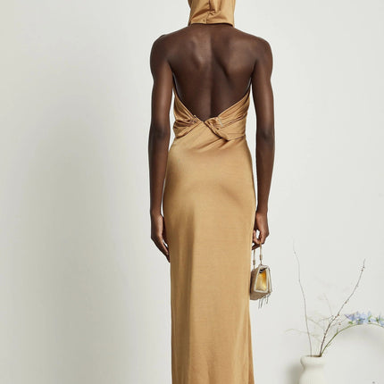 Artemisia Brown Maxi Dress with Hood and Open Back