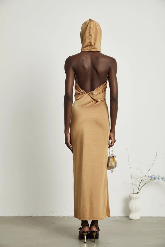 Artemisia Brown Maxi Dress with Hood and Open Back