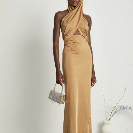 Artemisia Brown Maxi Dress with Open Back and Cut-Out Details