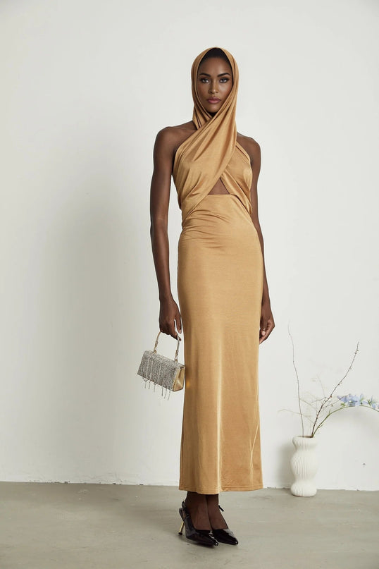 Artemisia Brown Maxi Dress with Open Back and Cut-Out Details