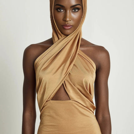 Artemisia Brown Maxi Dress with Hood and Cut-Out Details