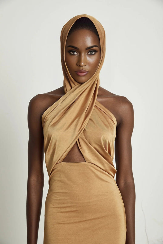 Artemisia Brown Maxi Dress with Hood and Cut-Out Details