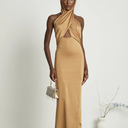 Artemisia Brown Maxi Dress with Open Back and Cut-Out Details