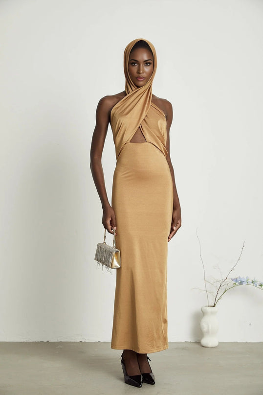 Artemisia Brown Maxi Dress with Open Back and Cut-Out Details