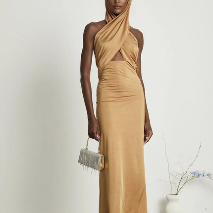 Artemisia Brown Maxi Dress with Hood and Cut-Out Details