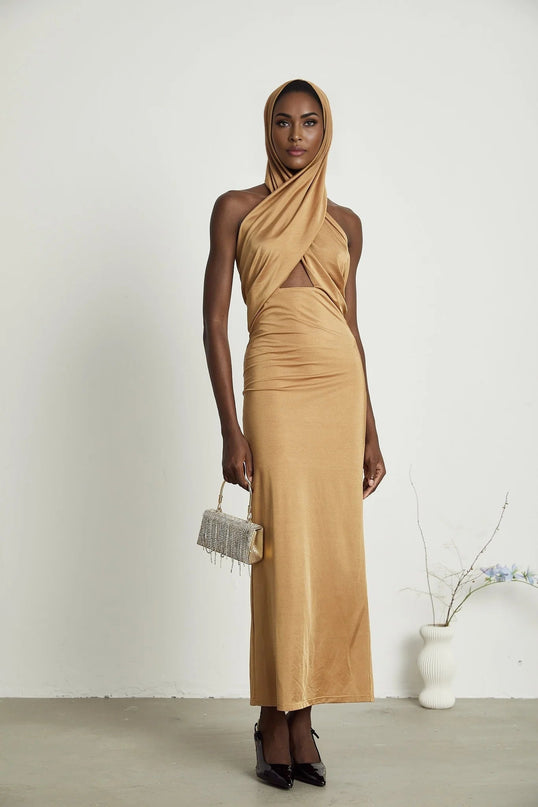 Artemisia Brown Maxi Dress with Hood and Cut-Out Details