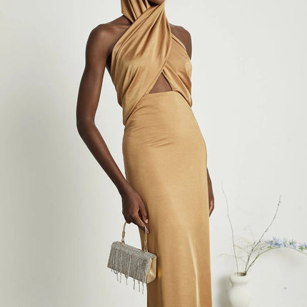 Artemisia Brown Maxi Dress with Hood and Cut-Out Details