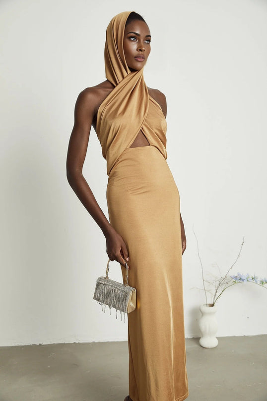 Artemisia Brown Maxi Dress with Hood and Cut-Out Details