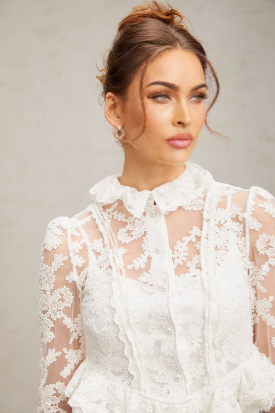 Artemisia White Lace Blouse with Ruffles and Pearls