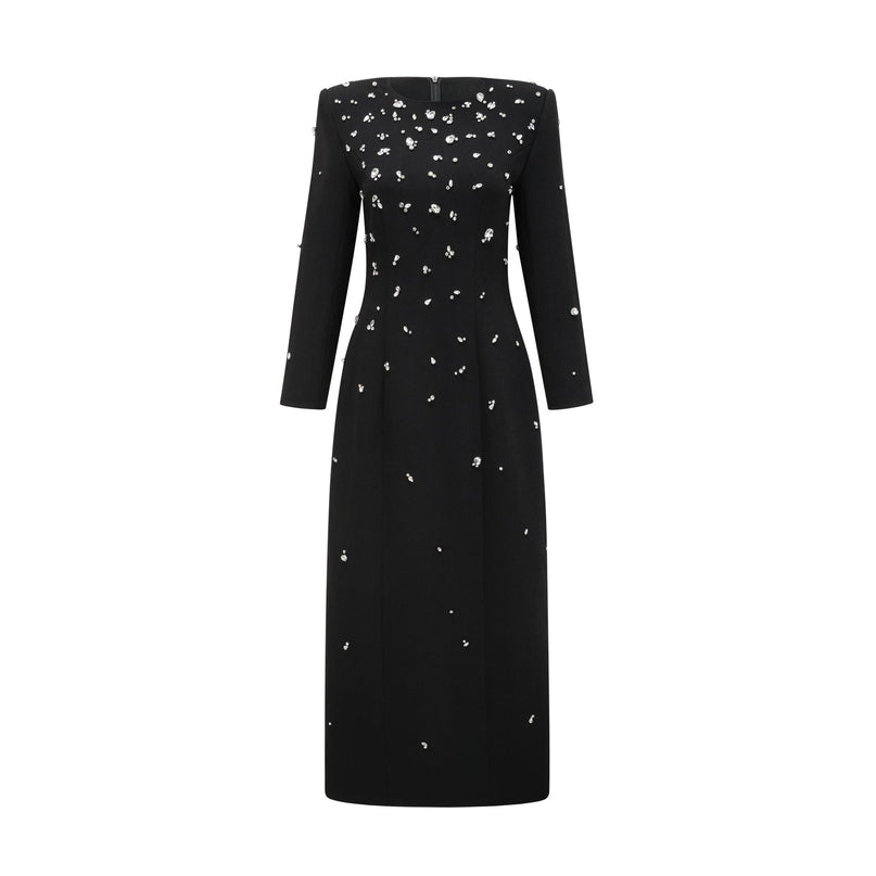 Ashley Black Crystal Embellished Maxi Dress with Shoulder Pads and Rear Slit