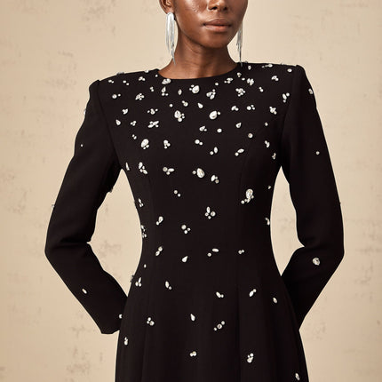 Ashley Black Crystal Embellished Maxi Dress with Shoulder Pads and Rear Slit