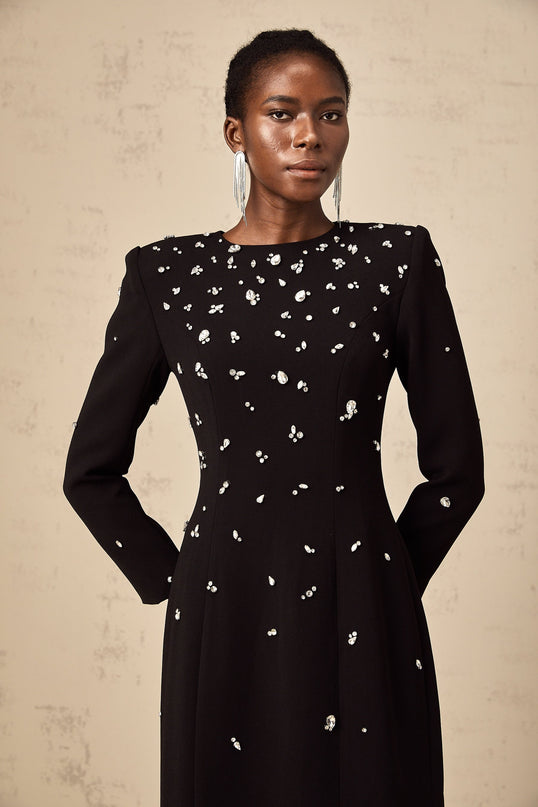 Ashley Black Crystal Embellished Maxi Dress with Shoulder Pads and Rear Slit