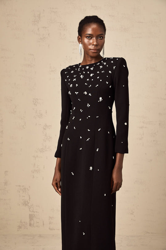 Ashley Black Crystal Embellished Maxi Dress with Long Sleeves and Rear Slit