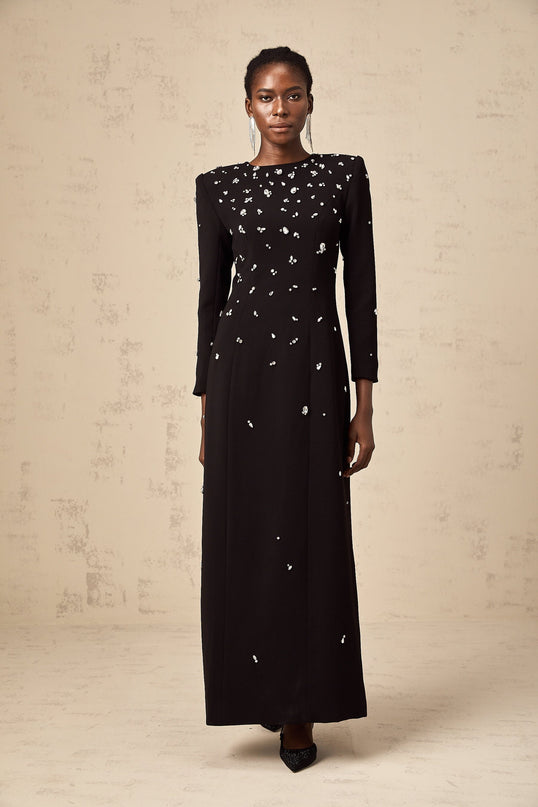 Ashley Black Crystal Embellished Maxi Dress with Long Sleeves and Rear Slit