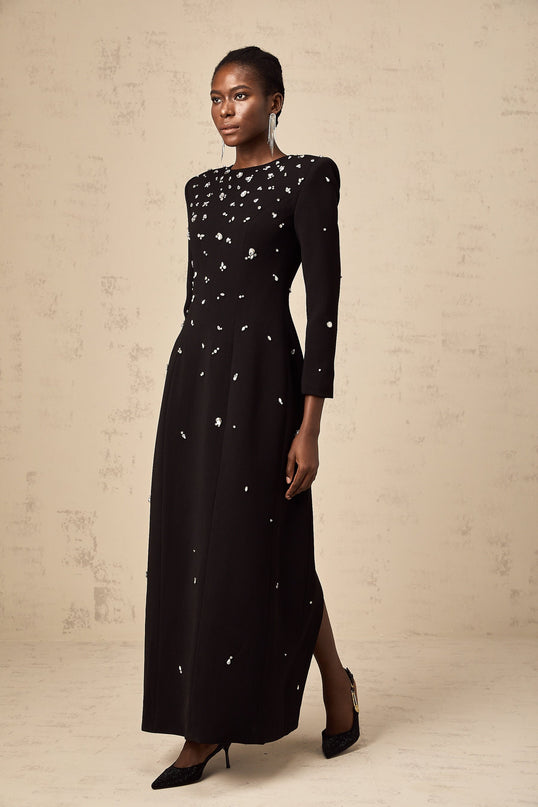 Ashley Black Crystal Embellished Maxi Dress with Long Sleeves and Rear Slit