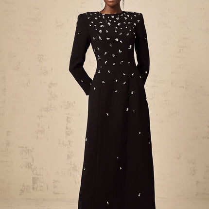 Ashley Black Crystal Embellished Maxi Dress with Long Sleeves and Rear Slit