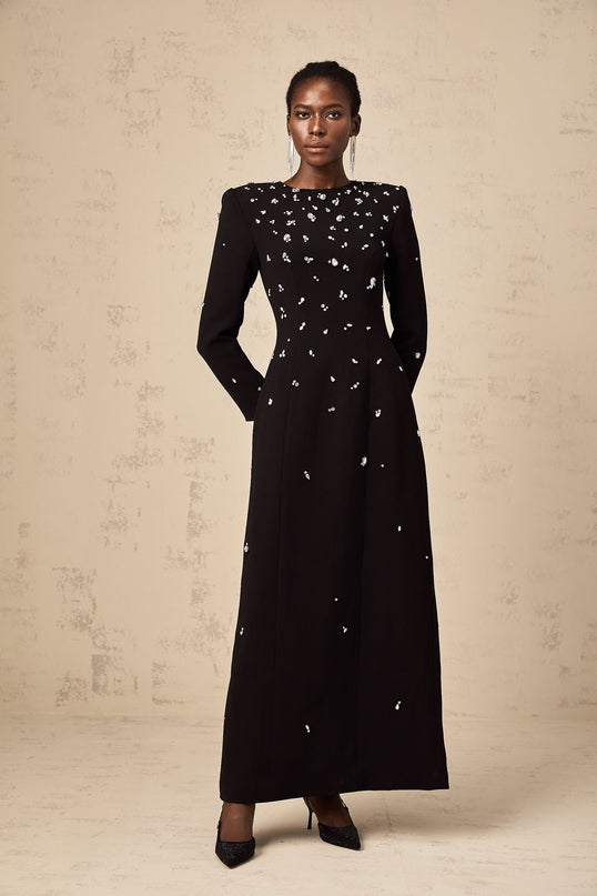 Ashley Black Crystal Embellished Maxi Dress with Long Sleeves and Rear Slit